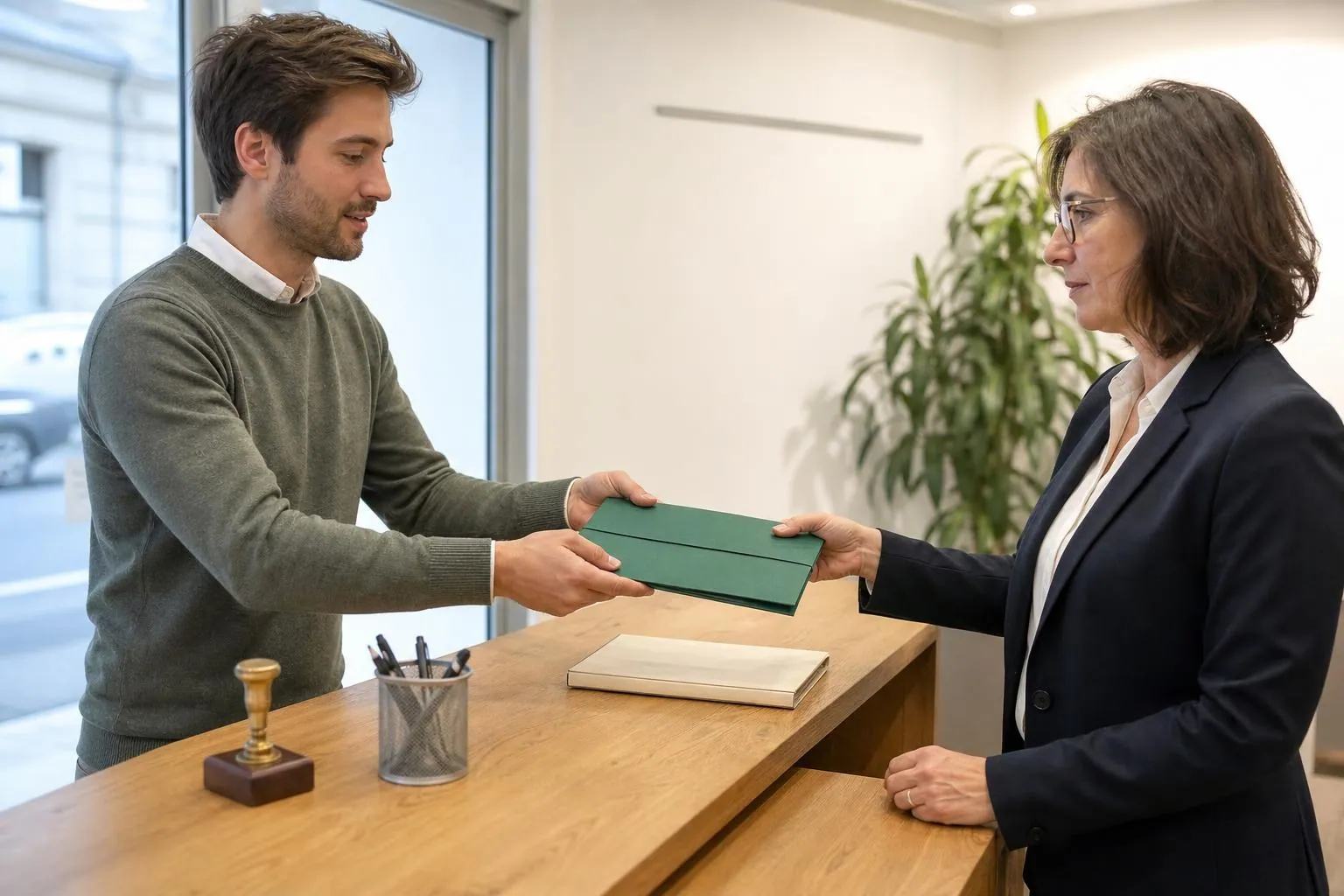Un homme remet une pochette de documents verte a une responsable au comptoir d une agence immobiliere claire