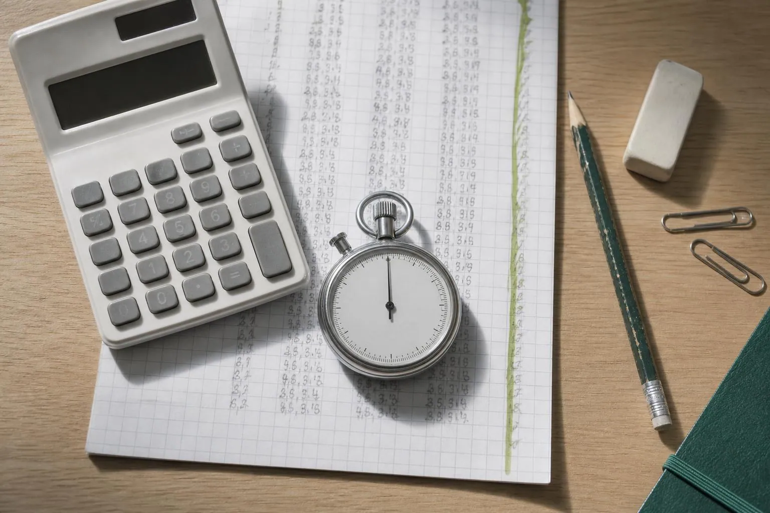Calculatrice de bureau, chronometre mecanique et feuille de calcul manuscrite posee sur un plan de travail clair