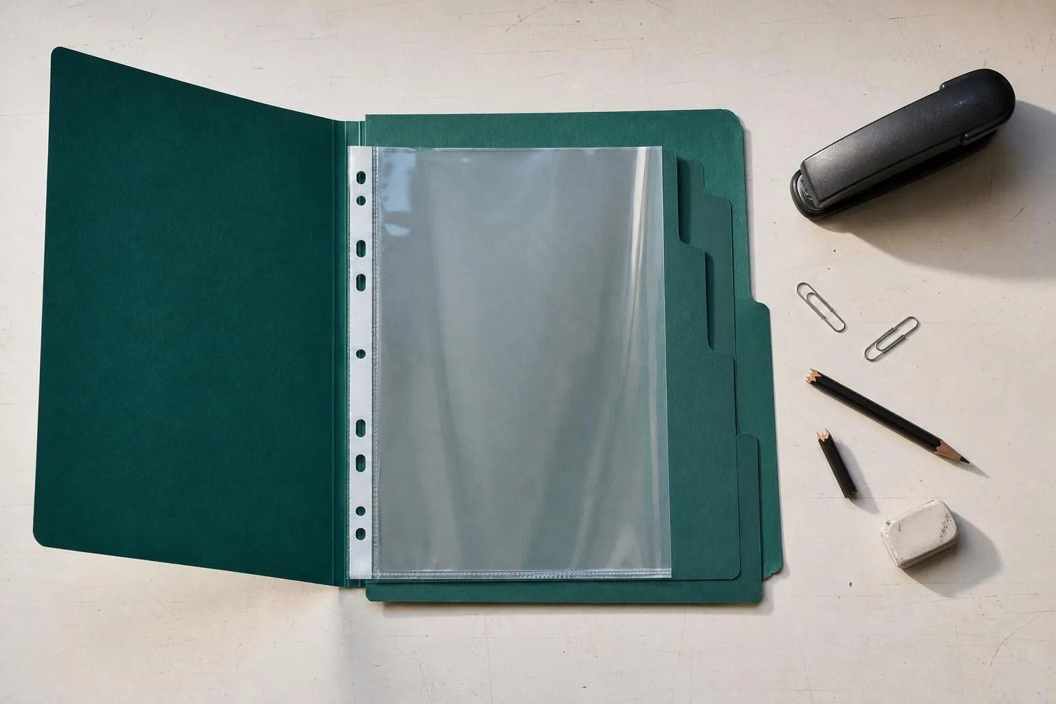 Chemise cartonnee verte ouverte sur un bureau, laissant voir des intercalaires et une pochette transparente vide