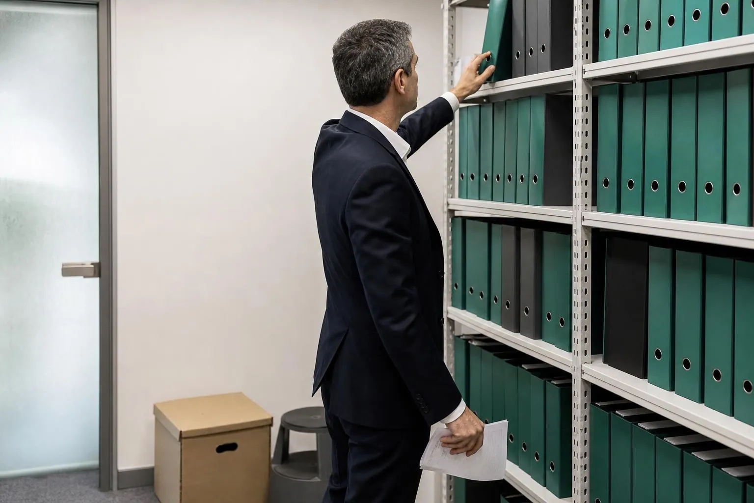Un homme en veste sombre range un classeur a dos vert dans une etagere d archives d une agence immobiliere