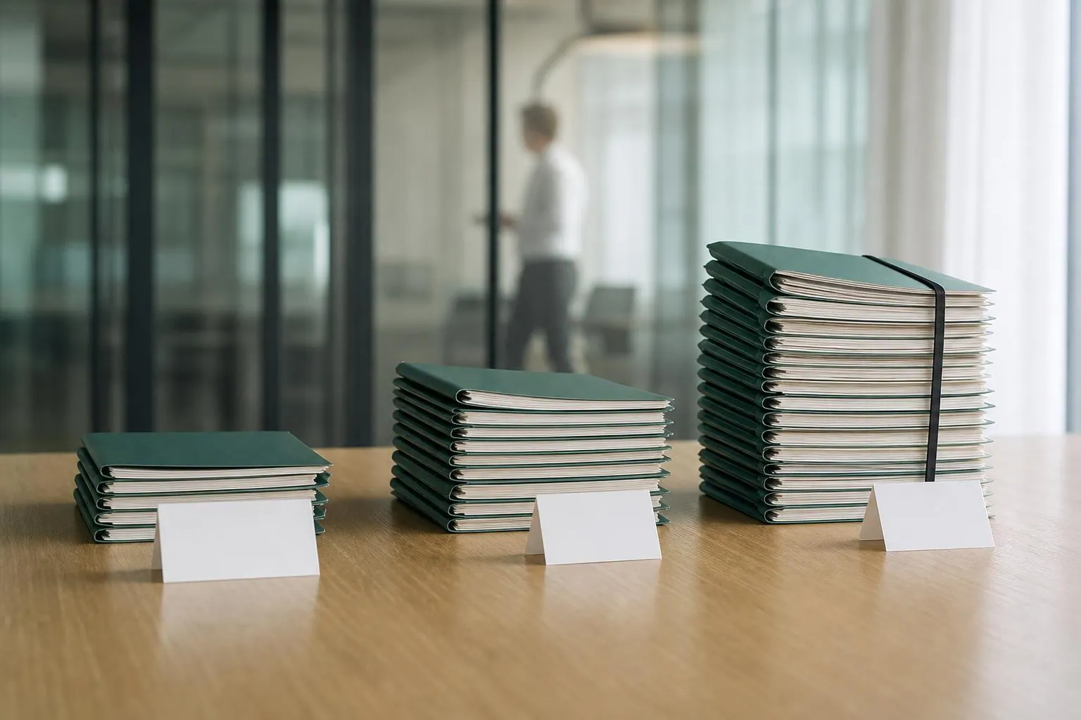 Trois piles de dossiers de hauteurs differentes alignees sur une table de reunion claire dans une salle vitree