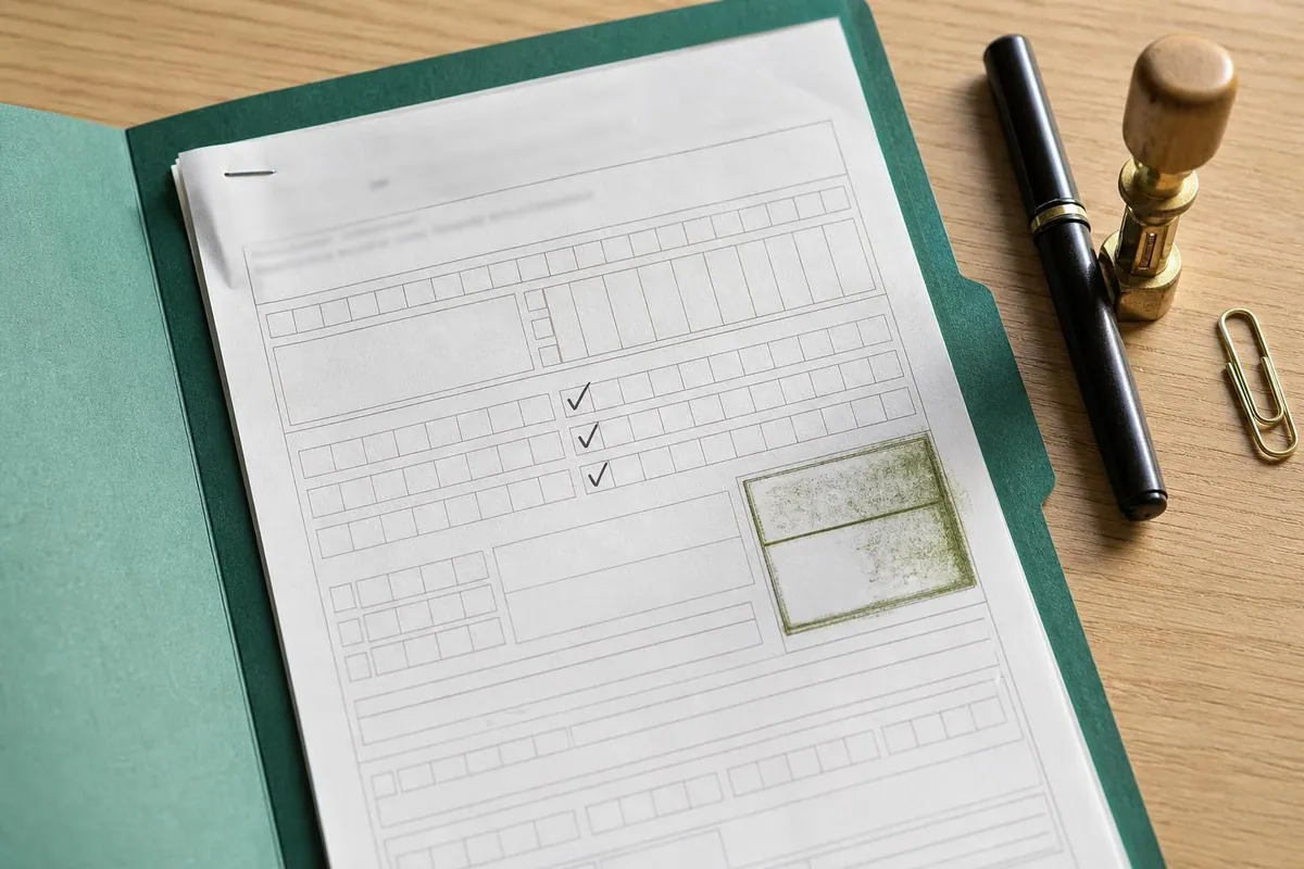 Gros plan d’un dossier papier ouvert montrant un formulaire a cases cochees, un document agrafe et un tampon encre date dans la marge