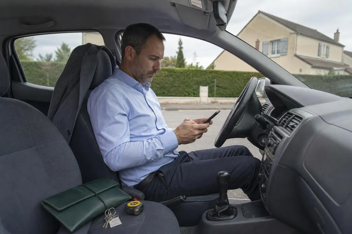 Un homme assis au volant d’une voiture a l’arret consulte son telephone, une pochette de documents posee sur le siege passager, devant une maison de lotissement